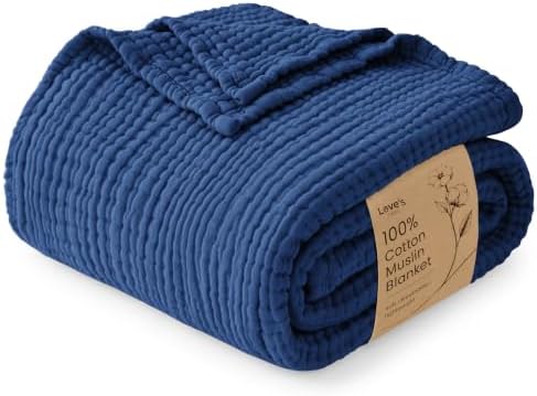 Love's cabin 100% Cotton Muslin Blanket King Size for Bed, Dark Blue