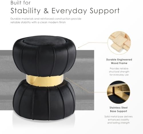 Furniture of America Magnus Modern 17-inch Upholstered Ottoman with Hourglass Shape and Stainless Steel Gold Trim, Vanity Stool Chair, Small Foot Stool for Bedroom, Living Room, Entryway, Black