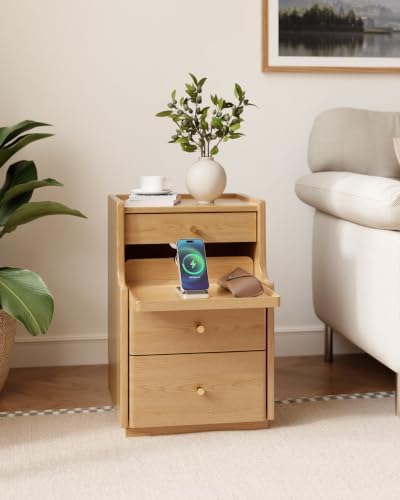 Solid Wood Narrow Nightstand with 3 Drawers,Natural 15.7",Fully Assembled