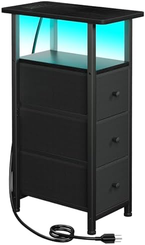 LOAKEKEL Narrow End Table with Charging Station, Small Nightstand