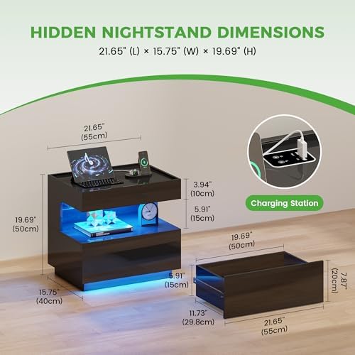 HNEBC Black LED Nightstand with Gun Drawers&USB-C Port&Lights for Bedroom