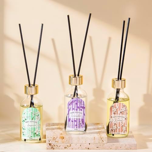 Reed Diffuser Set of 3 - Linen Lavender Jasmine Oil Diffuser with 15 Sticks, Reed Diffusers for Home Bathroom Shelf Air Freshener, 1.7 Fl. Oz Each, Total 5.1 Fl. Oz