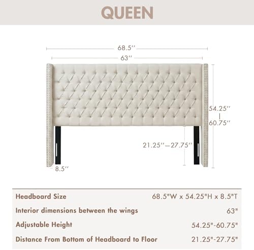 Madison Park Amelia Upholstered Headboard | Nail Head Trim Wingback Button Tufted | Queen, Cream