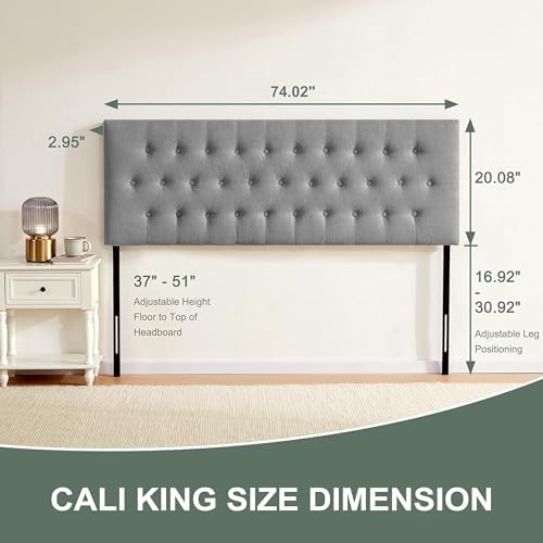 Upholstered Headboard California King, Adjustable Height 37''- 51'', Gray