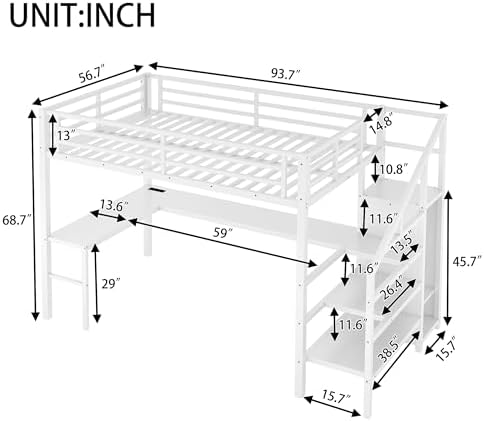 Full Size Loft Bed with Desk and Wardrobe, Metal Heavy Duty Loft Bed with Storage Stairs, LED Lights, USB Port, LoftBed Frames for Kids, Junior, Space Saving, Noise Free (White, Full)