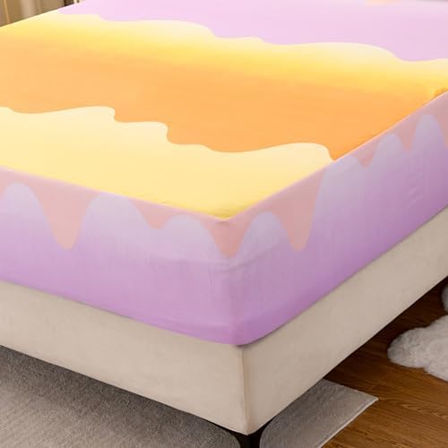 Bedding Fitted Sheet with Deep Pocket,Thicken Printed Fabric Bed Sheets (Orange, Queen)