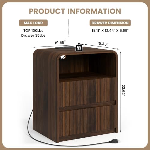 King Size Headboard with Nightstands, Boho Wood Head Board & Nightstand Set of 2 with Charging Station & LED Lights, Modern Fluted Wall-Mounted Bed Headboards for Bedroom, Height Adjustable, Walnut