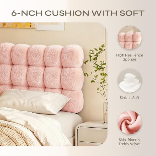 Pinmoco Twin Cloud-Shaped Upholstered Headboard, Teddy Fleece Pink