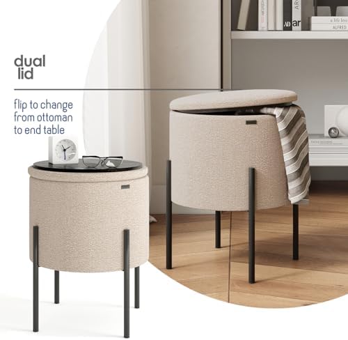 Round Ottoman with Storage, Boucle Storage Ottoman, Foot Stool, Makeup Vanity Stool, Small Foot Rest, Modern Ottomans for Living Room and Bedroom, Beige