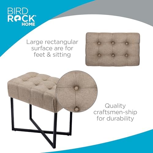 BIRDROCK HOME Rectangle Tufted Linen Ottoman Foot Rest - 19.7x11.82x17.73” Small Foot Stool with Legs - Padded Footrest Modern Ottomans for Living Room Furniture, Bedroom Footstool (Beige)