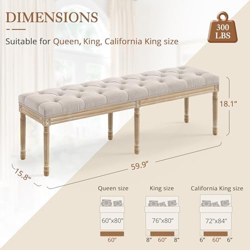 LUE BONA 60" Fabric End of Bed Bench, Upholstered Tufted French Bedroom Bench with Carved Legs for Bedroom End of King Size Bed, Living Room, Linen