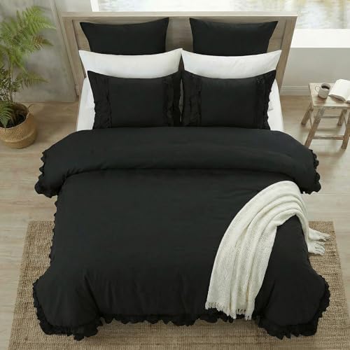 Bedorm Black Duvet Cover Twin Pleated Ruffled Bedding Set Shabby Chic Lace Ruffle Fringe French Country Room Decor Super Soft Cozy Black Boho Duvet Cover Sets