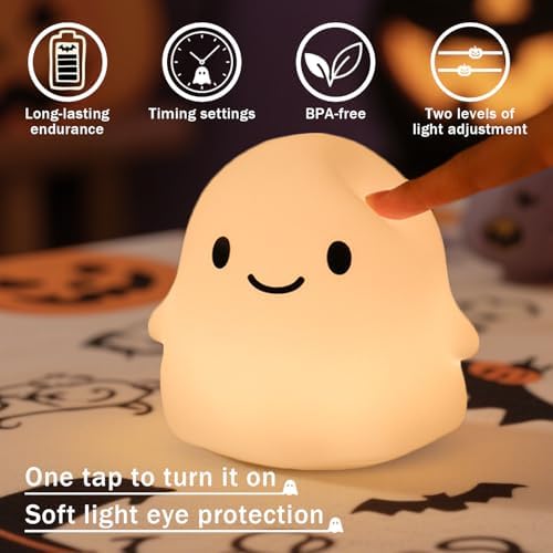 Ghost Night Light for Kids, Cute Squishy Silicone Ghost Lamp, 50-Hour Rechargeable Bedside Light with Tap Control, 2 Brightness Levels, 30-Min Auto-Off Timer, Halloween Gifts