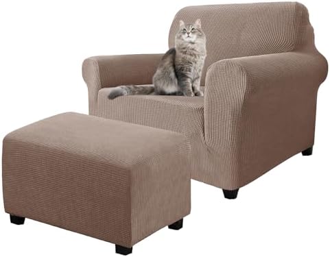 2 Piece Stretch Chair and Ottoman Cover Set, Jacquard Accent Armchair and Foot Stool Slip Cover, Non-Slip Slipcover for Chair with Footrest (Khaki,2 Pieces Set)