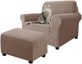 2 Piece Stretch Chair and Ottoman Cover Set, Jacquard Accent Armchair and Foot Stool Slip Cover, Non-Slip Slipcover for Chair with Footrest (Khaki,2 Pieces Set)