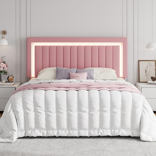 SHA CERLIN King Size Velvet Bed Frame with LED Light, Pink