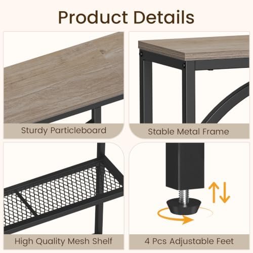 Snughome Entryway Table with 3 Tier Storage Shelves, Narrow Console Table Industrial Sofa Table with Circle Base, Behind The Couch Entrance Table for Hallway, Living Room, Foyer