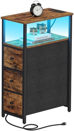 TUTOTAK Narrow LED Night Stand with Charging Station, Slim End Table