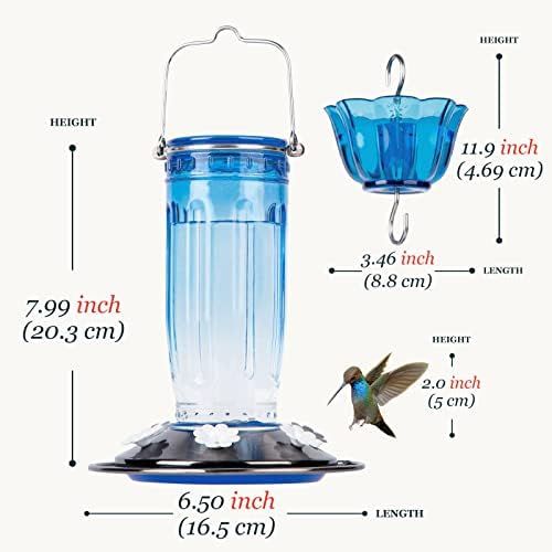 Kingsyard Glass Hummingbird Feeder for Outdoors Wild Bird Feeder with 6 Feeding Ports Hanging for Garden Yard, Blue (Ant Moat Included)