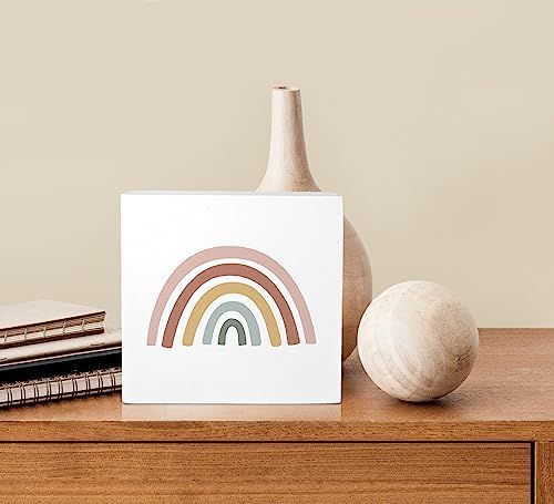 Boho Rainbow Desk Decor, Bohemian Rainbow Wood Box Sign Wood Block Plaque Decor for Home Girls Kids Room Bathroom Nursery Classroom Wall Desk Shelf Decoration