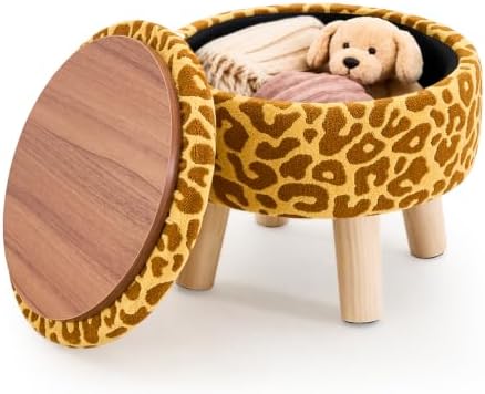Wimarsbon Round Storage Ottoman,Footstool with Padded Seat and Wood Legs