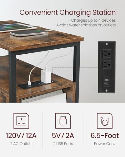 VASAGLE Side End Table with Charging Station, Slim Nightstand with Storage