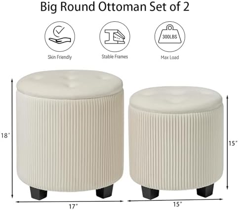 BLEXA Big Round Ottoman with Storage Set of 2, Velvet Makeup Vanity Stool
