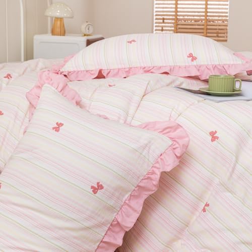 Cute Rainbow Stripes Bowknot Duvet Cover Pink Ruffle Princess Chic Bow Printed Textured Seersucker Comforter Cover Set for Girls Kids Teens Queen 3Pcs