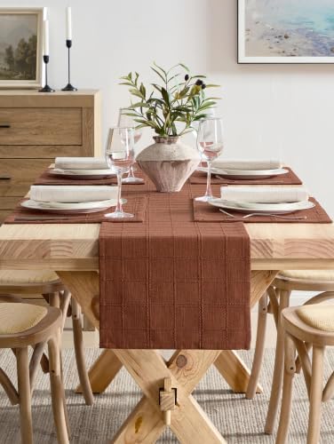 ZeeMart Linen Checked Farmhouse Table Runner, 13x48 Inches Terracota