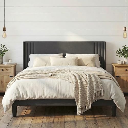 Gizoon Queen Bed Frame with Wingback Headboard, Upholstered Platform Bed