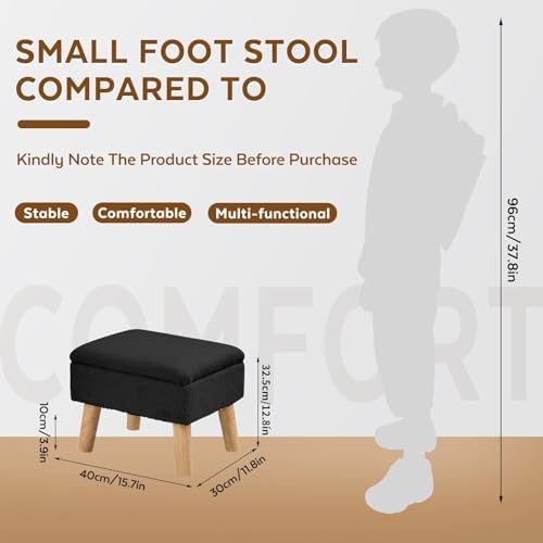Storage Ottoman, Small Foot Stool Ottoman with Storage, Teddy Velvet Foot Rest with Wood Legs, Footstool for Living Room, Bedroom, Entryway, Black