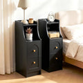 Ultra Narrow Nightstand Set of 2, Slim Bedside Table with Charging Station, 2 Drawers & Open Shelf, Mid-Century Modern End Table with Fenced Top for Living Room Bedroom (Black, 2)