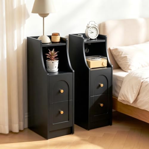 Ultra Narrow Nightstand Set of 2, Slim Bedside Table with Charging Station, 2 Drawers & Open Shelf, Mid-Century Modern End Table with Fenced Top for Living Room Bedroom (Black, 2)