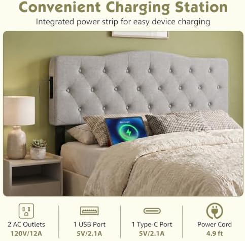 KOMFOTT Modern Headboard with Charging Station for Queen & Full Bed, Gray