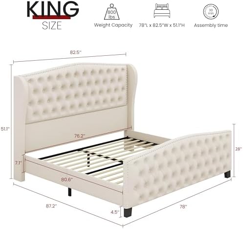 BRELTAM Upholstered King Size Bed Frame Velvet Beige Tufted Platform Bed Frame with Wingback Headboard & Footboard, with Deep Button Tufted & Nailhead Wooden Slats Support, No Box Spring Needed