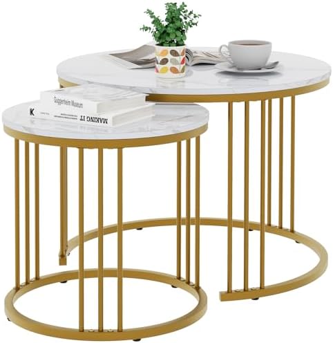 Garden 4 you Coffee Table Faux Marble Nesting Table for Small Place 2 Sets Modern Furniture Living Room Sets End Side Table Night Stand for Bed Room Dining Room (White & Gold)