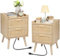 Finnhomy Nightstand with Charging Station, Bedside Table with 2 Hand Made Rattan Decorated Drawers, Night Stand with Storage for Bedroom, Natural, Set of 2
