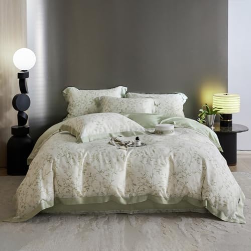 Lyocell Duvet Cover Set Queen with Green Floral Pattern,Silk-Like Smooth & Cool Comforter Cover Set with Corner Ties-Queen,Mint Green