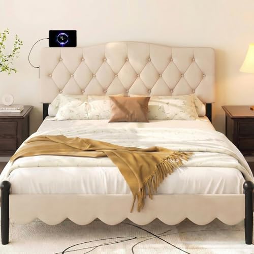 GIANTEX Headboard with Charging Station, Queen/Full Size Button Tufted Upholstered Head Board w/2 AC Outlets, USB & Type-C Port, Rubber Wood Legs, Width Adjustable Modern Bed Headboard Only (Beige)