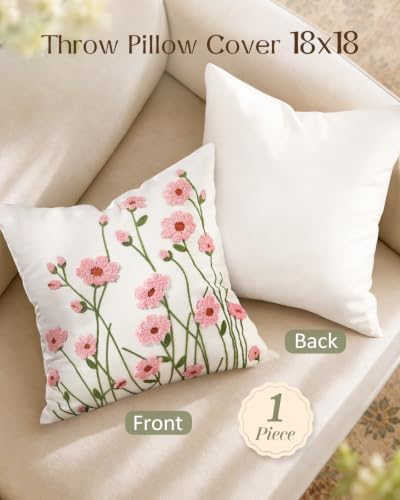 Embroidered Floral Throw Pillow Cover 18x18 Inch, Wild Flower