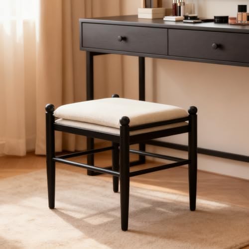 Ottoman Footrest Set of 2, 19 Inch Upholstered Vanity Bench Seat, Backless Makeup Stool with Solid Wood Legs for Dining Room/Bedroom/Living Room/Entryway,Black Frame, White Linen