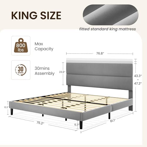 GRUSIGN King Size Platform Bed Frame with Velvet Headboard, Adjustable Height Wooden Slats Support, Upholstered Mattress Foundation, Fits Mattress or Mattress with Box Spring, Easy Assembly, Grey