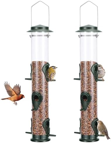 MIXXIDEA 2PK Metal Bird Feeders with 6 Feeding Ports,Tube Bird Feeder with Steel Hanger,Wild Bird Feeder for Outdoors Hanging, Attracting Birds in Your Lawn, Garden, Balcony (Green)