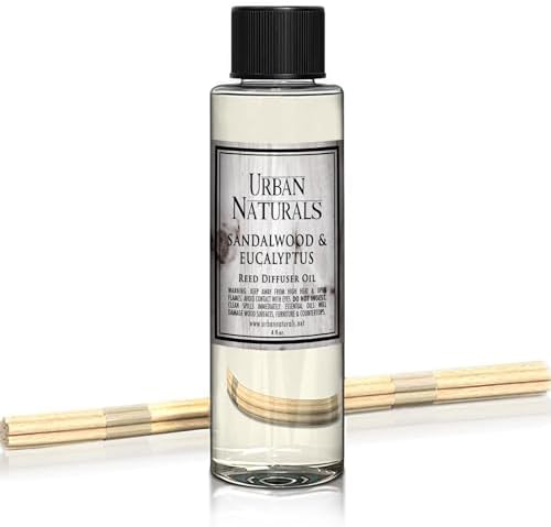 Urban Naturals Reed Diffuser Oil Refill, Sandalwood & Eucalyptus Diffuser Oils with Musk, Herbal Woods, 4 oz + Free Reed Sticks, Made in the USA