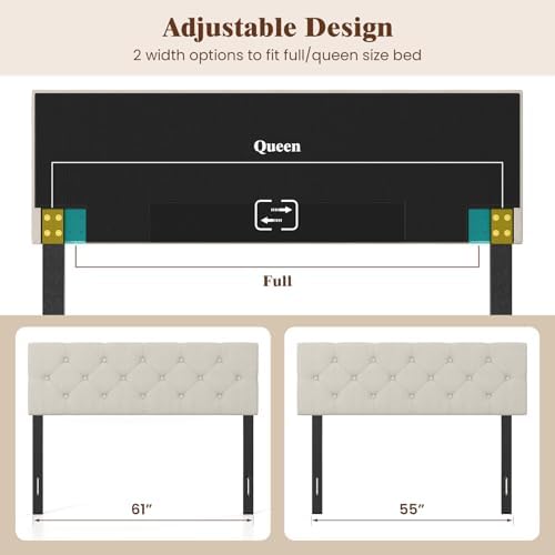 KOMFOTT Linen Upholstered Headboard for Full & Queen Size Bed Frame, Tufted Button Bed Headboard with Solid Rubber Wood Legs, Rectangular Headboard with Adjustable Width (Rhombic Button Tufted,Beige)
