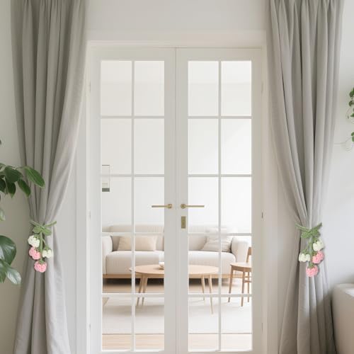 Flower Curtain Tiebacks, 4pcs Lily-of-The-Valley Curtains Holdbacks, Cute Curtain Holdbacks - No Drill Rope Holder, Drape Knitting Handmade for Nursery&Children's Room Decor (Pinkish/White)