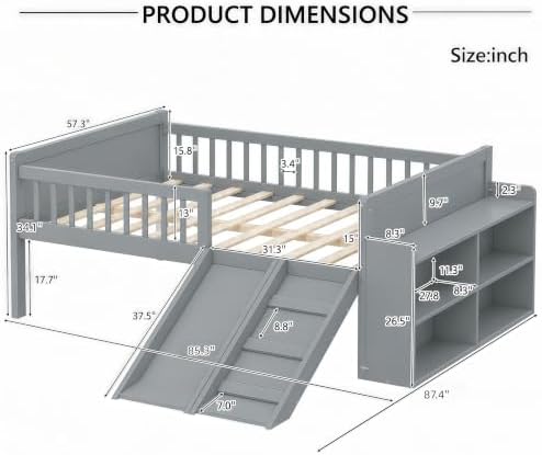 SOFTSEA Full Size Low Loft Bed with Slide and Storage Shelves, Wood Loft Bed Frame with Full Length Guardrails for Kids, Gray