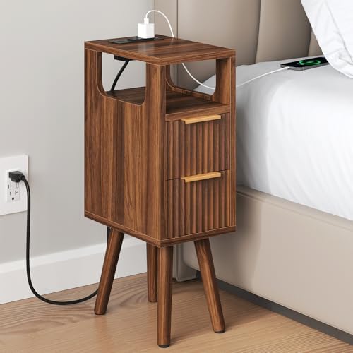 Narrow Nightstand Set of 2 with Charging Station, Small Side Table, Walnut