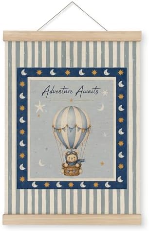 MAQIKA Hot Air Balloon Bear Nursery Poster Framed with Wood Hanger, Boys Room Hanging Wall Decor, Adventure Awaits Classroom Canvas Wall Art Paints for Kids Boys Room Bedroom Playroom, 12x16 Inch