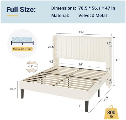 Allewie Full Size Velvet Bed Frame, Upholstered Wingback Headboard, Cream